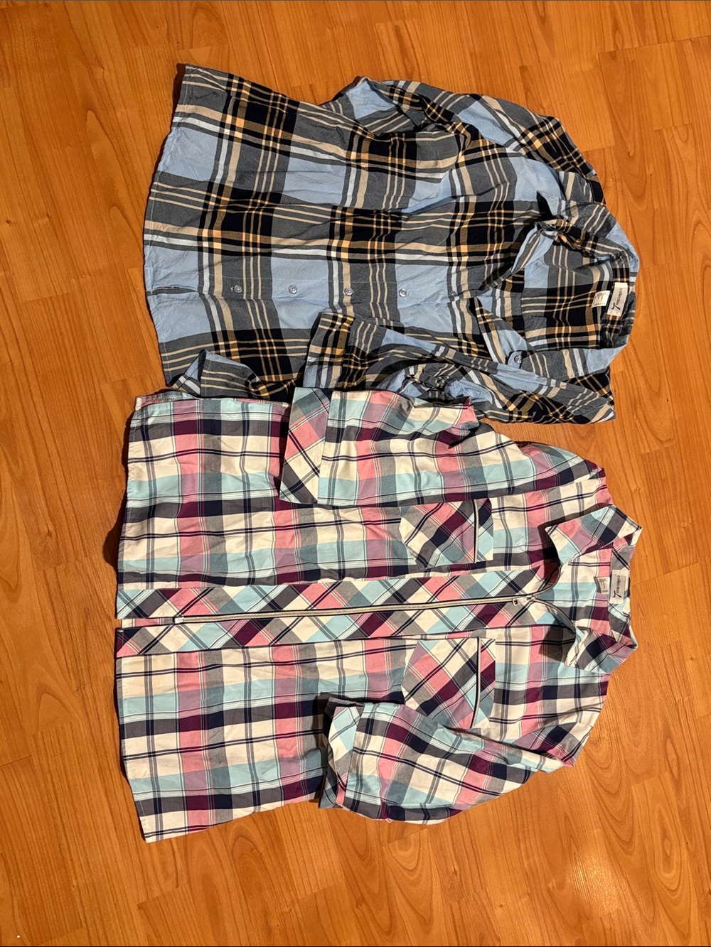 2 women’s Plaid Button-Down Shirt - Blue, Zipper Pink Plaid Collection L sz 14